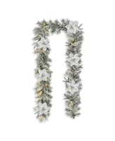 Glitzhome 9' Pre-Lit Snow Flocked Greenery Pine Poinsettia Christmas Garland, with 50 Warm White Lights