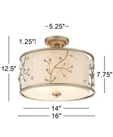 Barnes and Ivy Crystal Buds Close To Ceiling Light Semi Flush Mount Fixture 16" Wide Antique Silver Beige Fabric Drum Shade for Bedroom Hallway Living