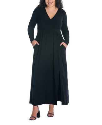 24seven Comfort Apparel Plus Long Sleeve V-neck Maxi Dress