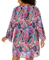 Anne Cole Plus Drawstring V-Neck Bell-Sleeve Tunic Cover-Up
