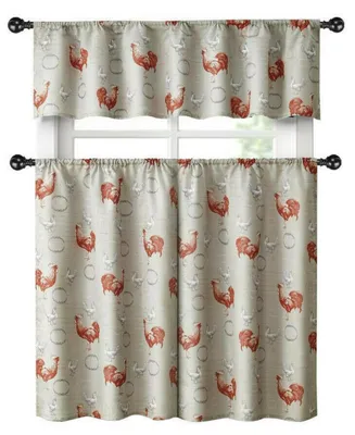Kate Aurora Living Country Farmhouse Red Rooster Barn 3 Piece Kitchen Curtain Tier & Valance Set