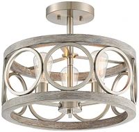 Franklin Iron Works Salima Farmhouse Rustic Industrial Ceiling Light Semi Flush Mount Fixture 16" Wide 3-Light Brushed Nickel Gray Wood Finish Drum Sh