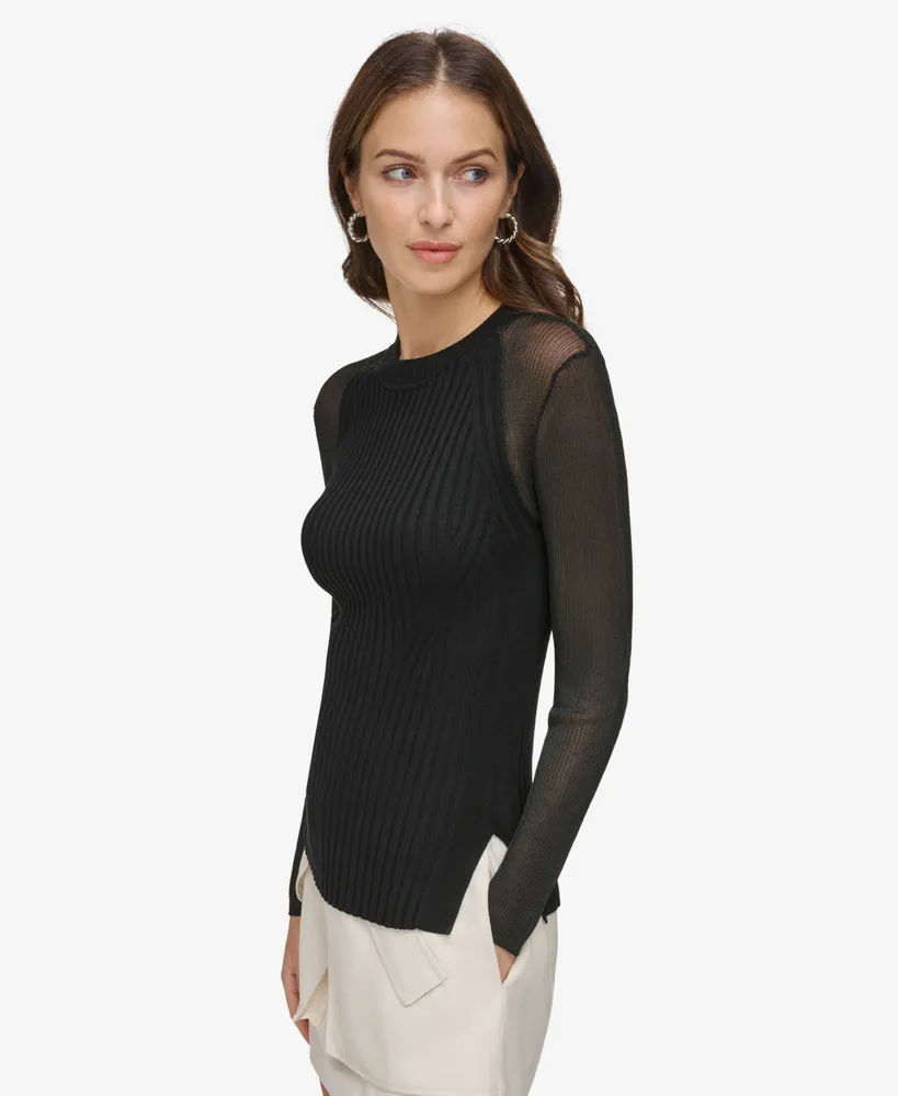 Dkny Women's Solid Sheer-Sleeve Round-Neck Ribbed Sweater