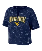 Women's Wear by Erin Andrews Navy West Virginia Mountaineers Bleach Wash Splatter Cropped Notch Neck T-shirt