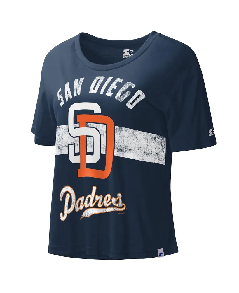 Women's Starter Navy Distressed San Diego Padres Cooperstown Collection Record Setter Crop Top