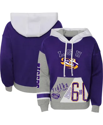 Big Girls Purple Distressed Lsu Tigers True Fan Soft Fleece Pullover Hoodie