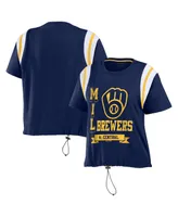 Women's Wear by Erin Andrews Navy Distressed Milwaukee Brewers Cinched Colorblock T-shirt