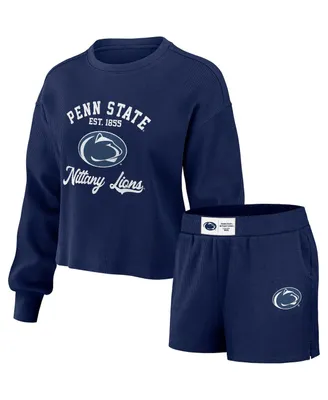 Women's Wear by Erin Andrews Navy Distressed Penn State Nittany Lions Waffle Knit Long Sleeve T-shirt and Shorts Lounge Set