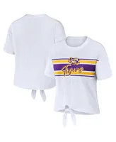 Women's Wear by Erin Andrews White Lsu Tigers Striped Front Knot Cropped T-shirt