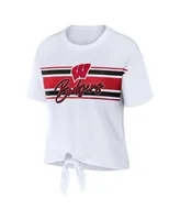 Women's Wear by Erin Andrews White Wisconsin Badgers Striped Front Knot Cropped T-shirt