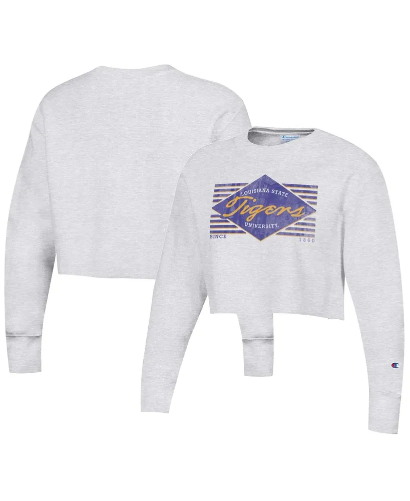 Women's Champion Heather Gray Distressed Lsu Tigers Reverse Weave Cropped Pullover Sweatshirt