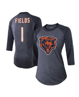 Women's Majestic Threads Justin Fields Navy Distressed Chicago Bears Player Name and Number Tri-Blend 3/4-Sleeve Fitted T-shirt