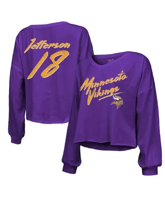 Women's Majestic Threads Justin Jefferson Purple Distressed Minnesota Vikings Name and Number Off-Shoulder Script Cropped Long Sleeve V-Neck T-shirt