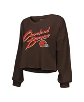 Women's Majestic Threads Nick Chubb Brown Distressed Cleveland Browns Name and Number Off-Shoulder Script Cropped Long Sleeve V-Neck T-shirt