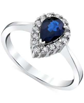 Sapphire (1 ct. t.w.) & Diamond (1/5 ct. t.w.) Pear Halo Ring in 14k White Gold