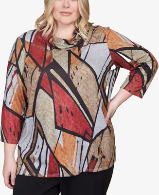 Alfred Dunner Plus Size Park Place Abstract Patchwork Cowl Neck Top