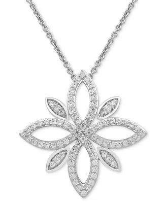 Diamond Openwork Flower Cluster 18" Pendant Necklace (1/2 ct. t.w.) in Sterling Silver