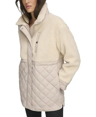 Andrew Marc Sport Women's Mixed Media Sherpa and Quilt Jacket With Adjustable Waist