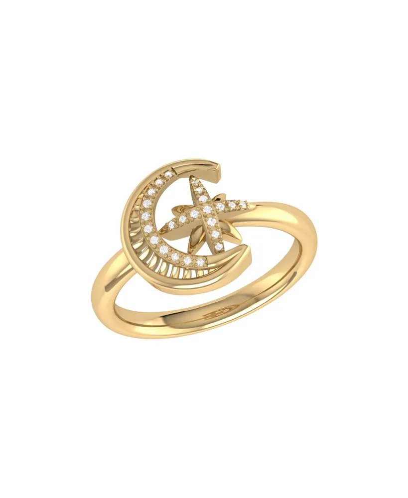 LuvMyJewelry Moon Cradled Star Design Sterling Silver Diamond Women Ring