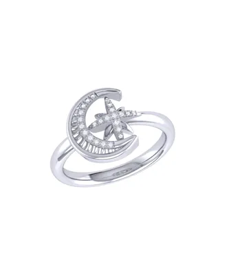 LuvMyJewelry Moon Cradled Star Design Sterling Silver Diamond Women Ring