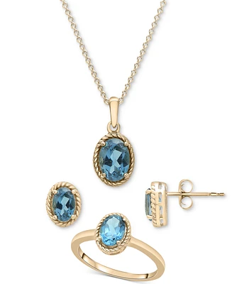 3-Pc. Set London Blue Topaz Pendant Necklace, Stud Earrings, & Matching Ring (3-1/8 ct. t.w.) in 14k Gold-Plated Sterling Silver