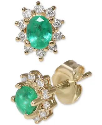 Emerald (3/8 ct. tw.) & Diamond (1/5 ct. t.w.) Halo Stud Earrings in 14k Gold