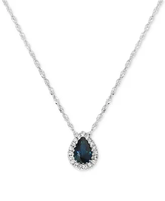 Sapphire (1/2 ct. tw.) & Diamond (1/10 ct. t.w.) Pear Halo Pendant Necklace in 14k White Gold, 16" + 2" extender