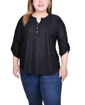 Ny Collection Plus Size 3/4 Sleeve Roll Tab Y Neck Top