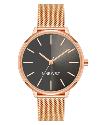 Nine West Women's Quartz Rose Gold-Tone Stainless Steel Mesh Band Watch, 40mm - Gray, Rose Gold