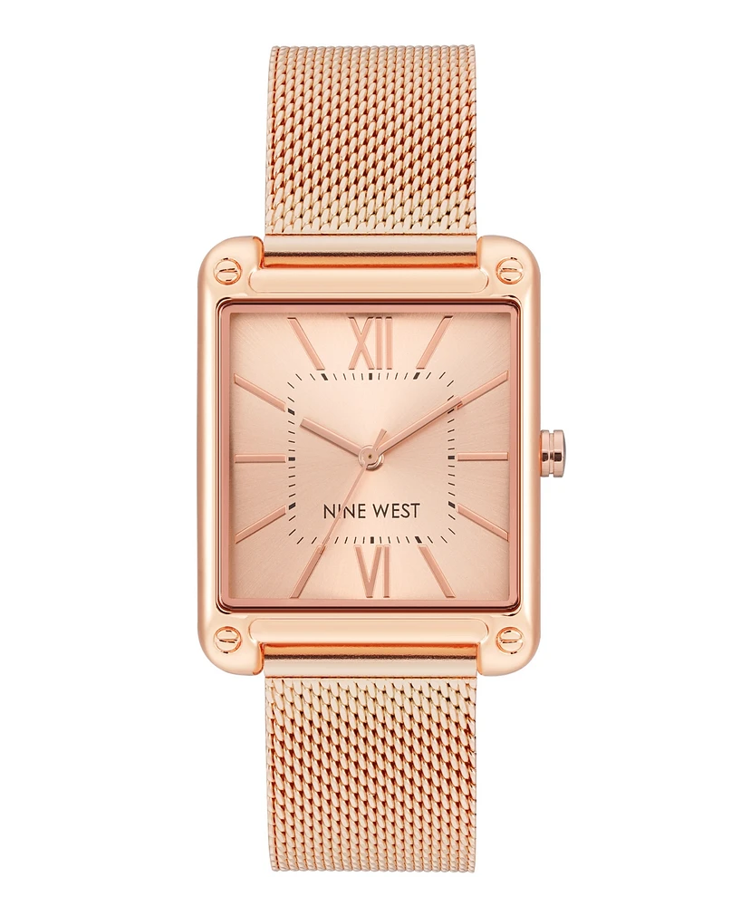 Nine West Women's Quartz Rectangular Rose Gold-Tone Stainless Steel Mesh Band Watch, 29mm