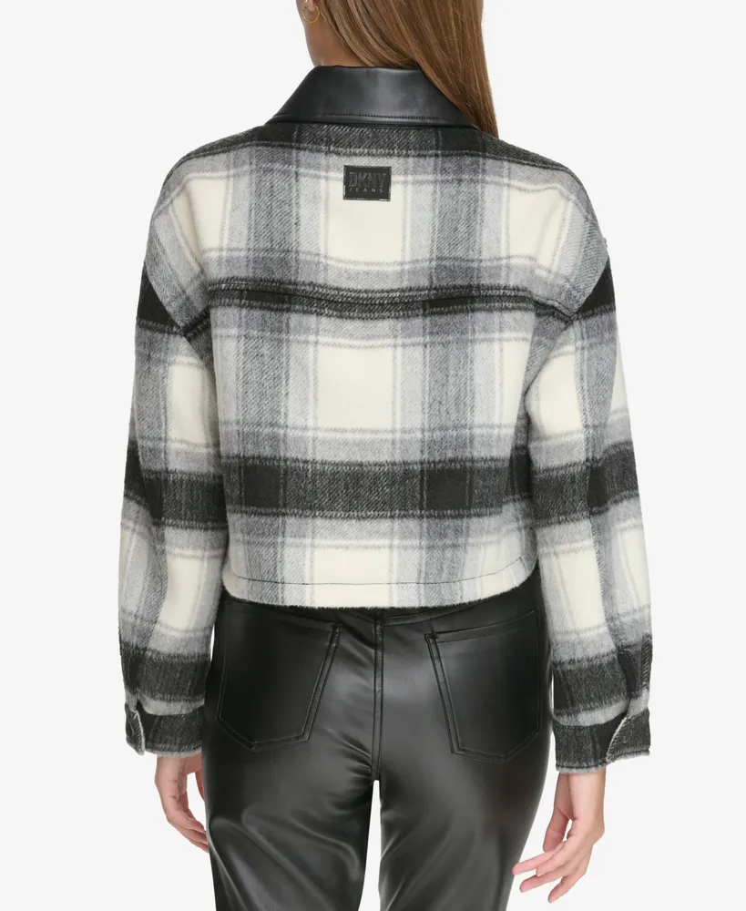 Dkny Jeans Women's Faux-Leather-Trim Cropped Plaid Jacket
