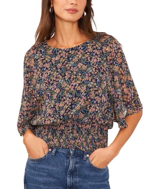 Sam & Jess Petite Floral-Print Smocked-Waist Flutter-Sleeve Top