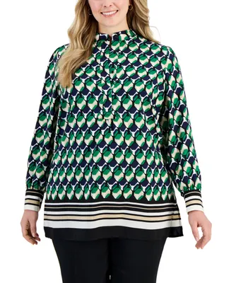 Anne Klein Plus Size Geo-Print Covered-Placket Poet Blouse