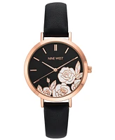 Nine West Women's Quartz Black Faux Leather Band and Floral Pattern Watch, 36.5mm - Black, Rose Gold