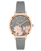 Nine West Woman's Quartz Gray Faux Leather Band and Floral Pattern Watch, 36mm - Gray, Rose Gold