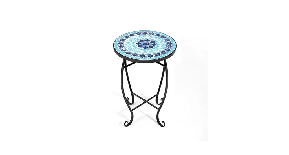 14 Inch Mosaic Round Side Table Plant Stand for Patio Lawn Garden