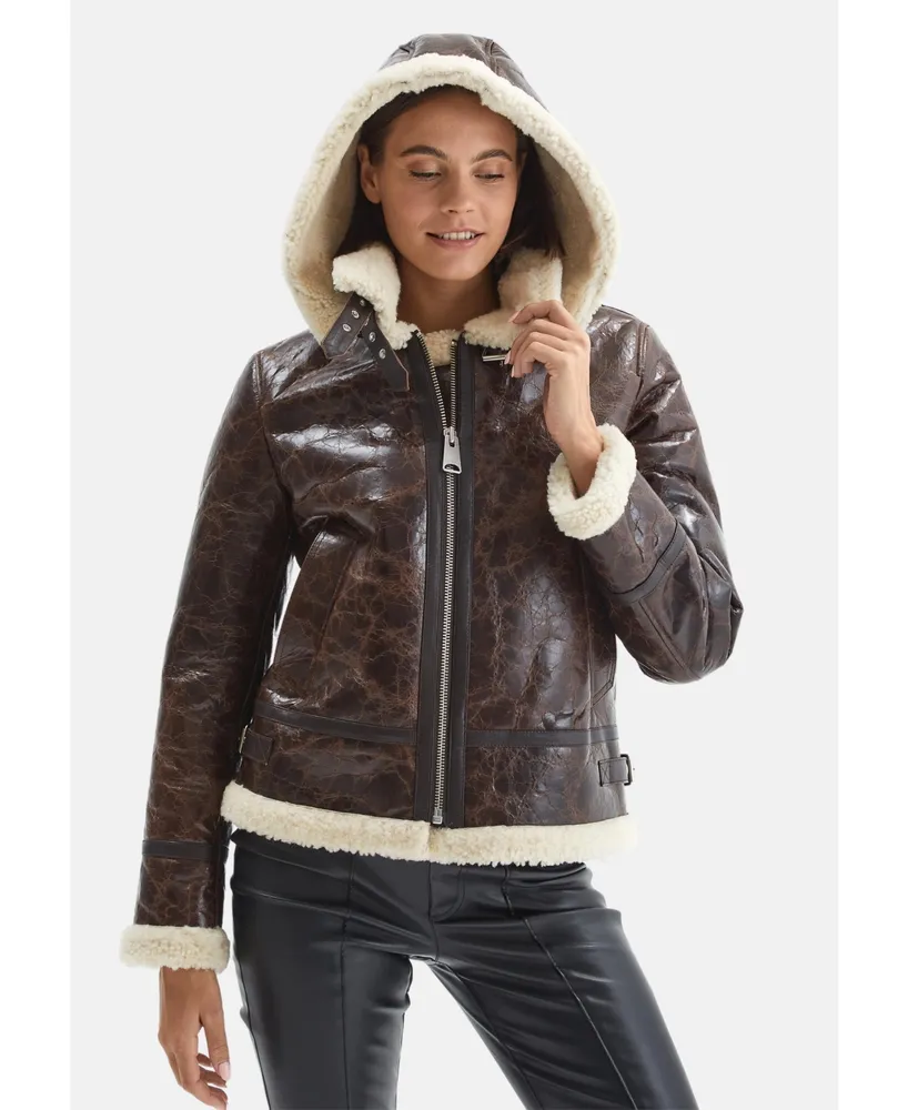 Women's Detachable Hooded Shearling Jacket, Cracked Brown with Beige Curly Wool