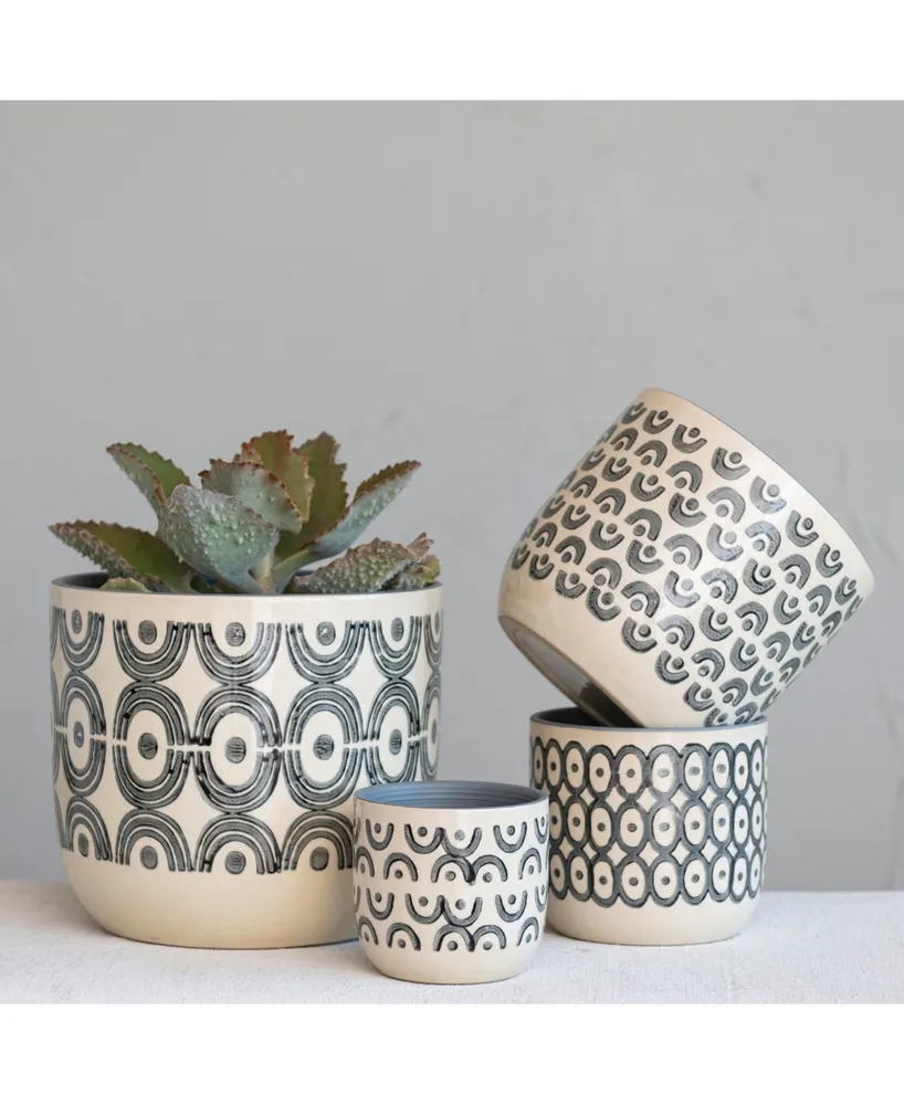 Modern Stoneware Planters with Hand-Painted Geometric Designs