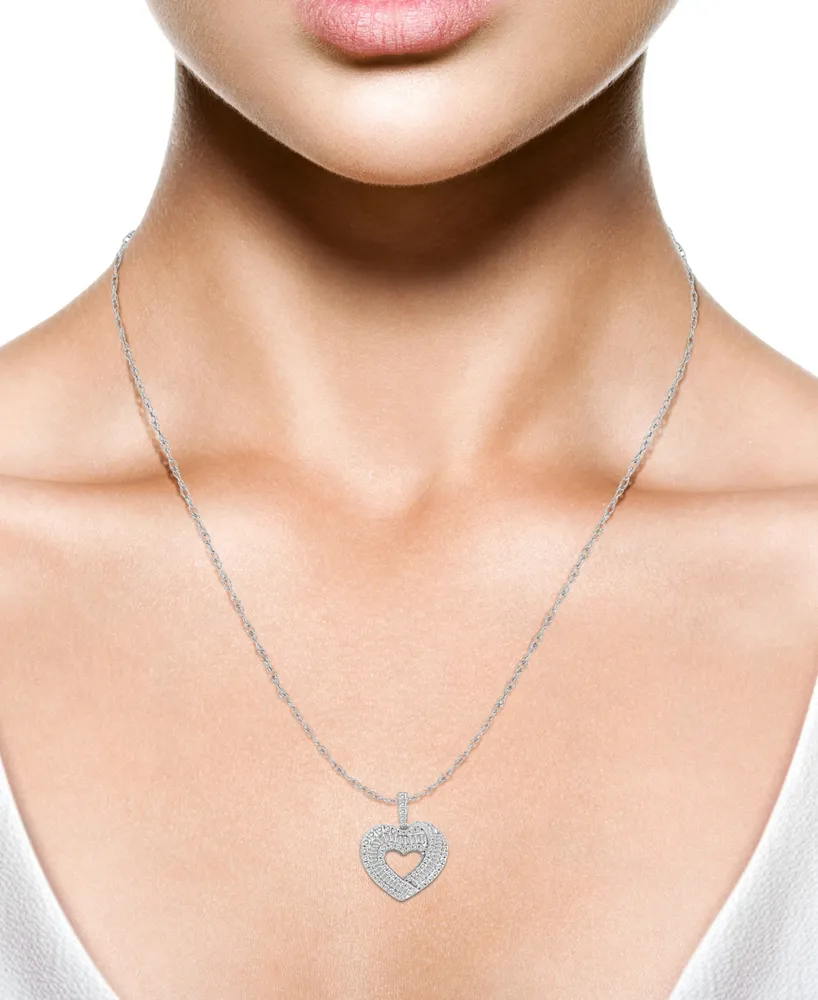 Diamond Round & Baguette Heart 18" Pendant Necklace (1-1/4 ct. t.w.) in 14k White Gold