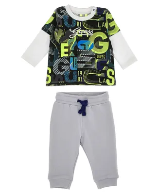Guess Baby Boys Cotton Jersey All Over Print Faux Twofer Top and French Terry Joggers, 2 Piece Set