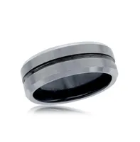 Matte & Polished Silver and Black Stripe Tungsten Ring