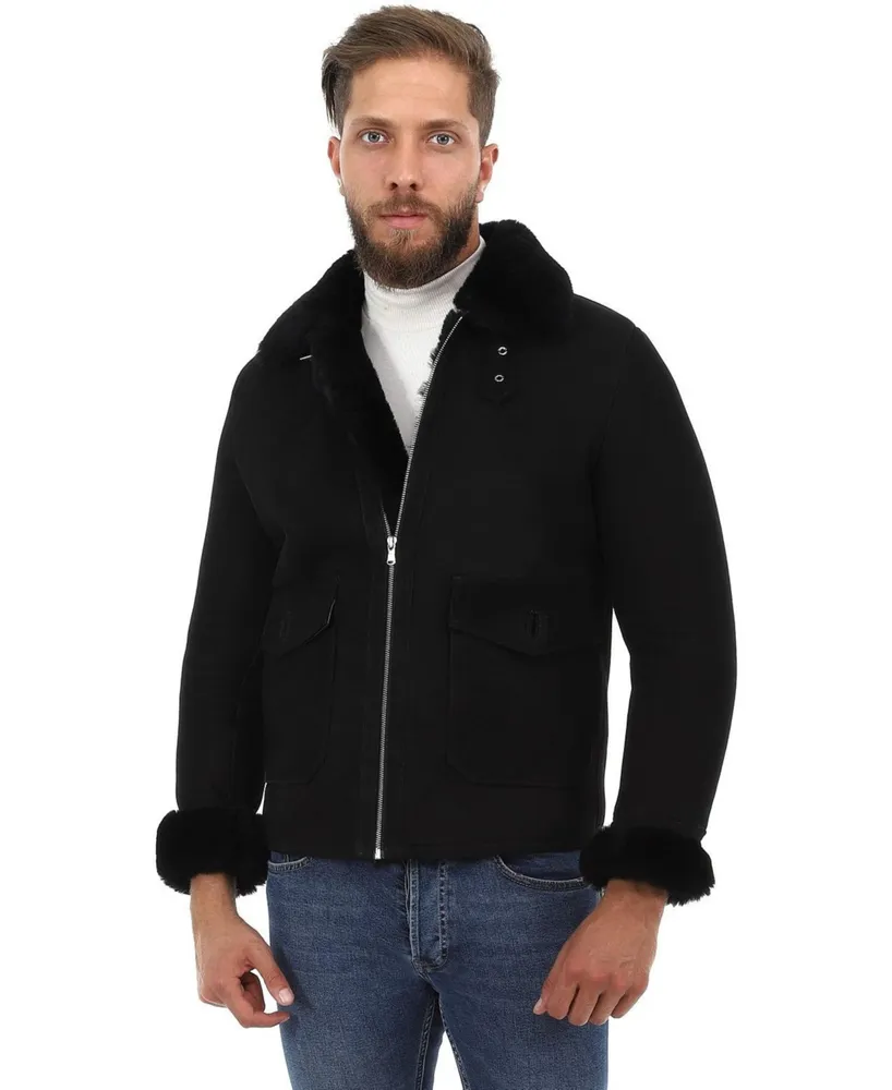 Men's Sheepskin Bomber Jacket, Black Suede with Black Wool