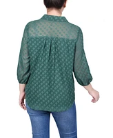 Ny Collection Women's 3/4 Sleeve Foiled Jacquard Chiffon Blouse