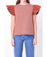 Women's Stripe Knit with Poplin Puff Sleeve Top