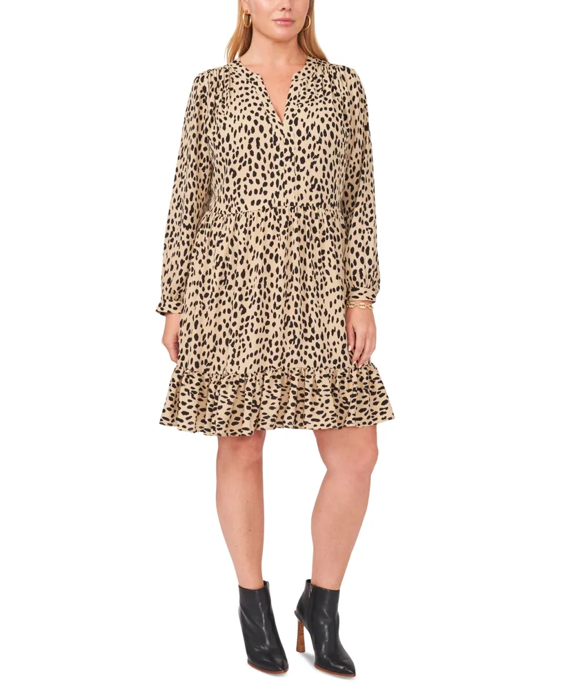 Vince Camuto Plus Size Animal Print Long Sleeve Split Neck Baby Doll Dress