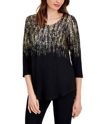 Jm Collection Women's Foil-Print Knit 3/4-Sleeve Top, Created for Macy's