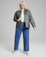 Now This Trendy Plus Size Faux Leather Jacket Floral Print Mesh Top Seam Front Jeans