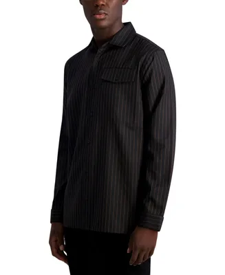 Karl Lagerfeld Paris Men's Oversized Striped Textured Long Sleeve with Chest Pocket Shirt Jacket