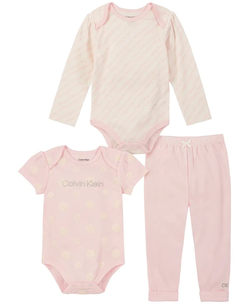 Calvin Klein Baby Girls Two Patterned Logo Bodysuits and Solid