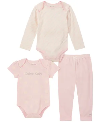 Calvin Klein Baby Girls Two Patterned Logo Bodysuits and Solid Joggers, 3 Piece Set